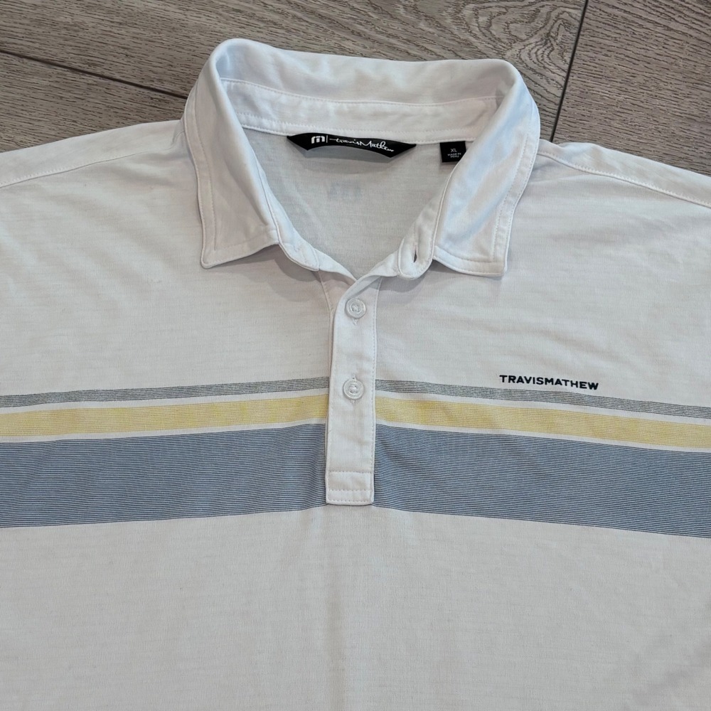 Travis Mathew Golf Polo Shirt Mens XL White Striped Pima Cotton Casual Preppy